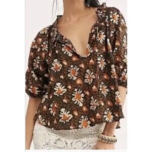 Free People‎ Willow Printed Boho Smocked Puff Sleeve Top Blouse Size M